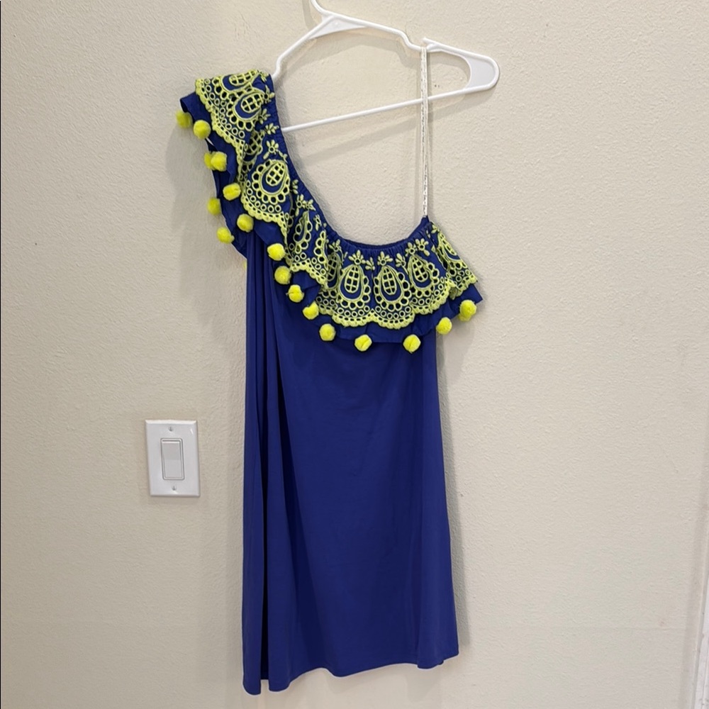 Lilly Pulitzer One-Shoulder Royal Blue Dress with Neon Yellow Trim